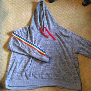 Grey hoodie w rainbow stripe on sleeves